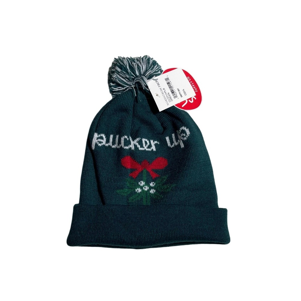 Ugly Stuff Holiday Supply Co Christmas Beanie Pucker Up Mistletoe Green Hat NWT